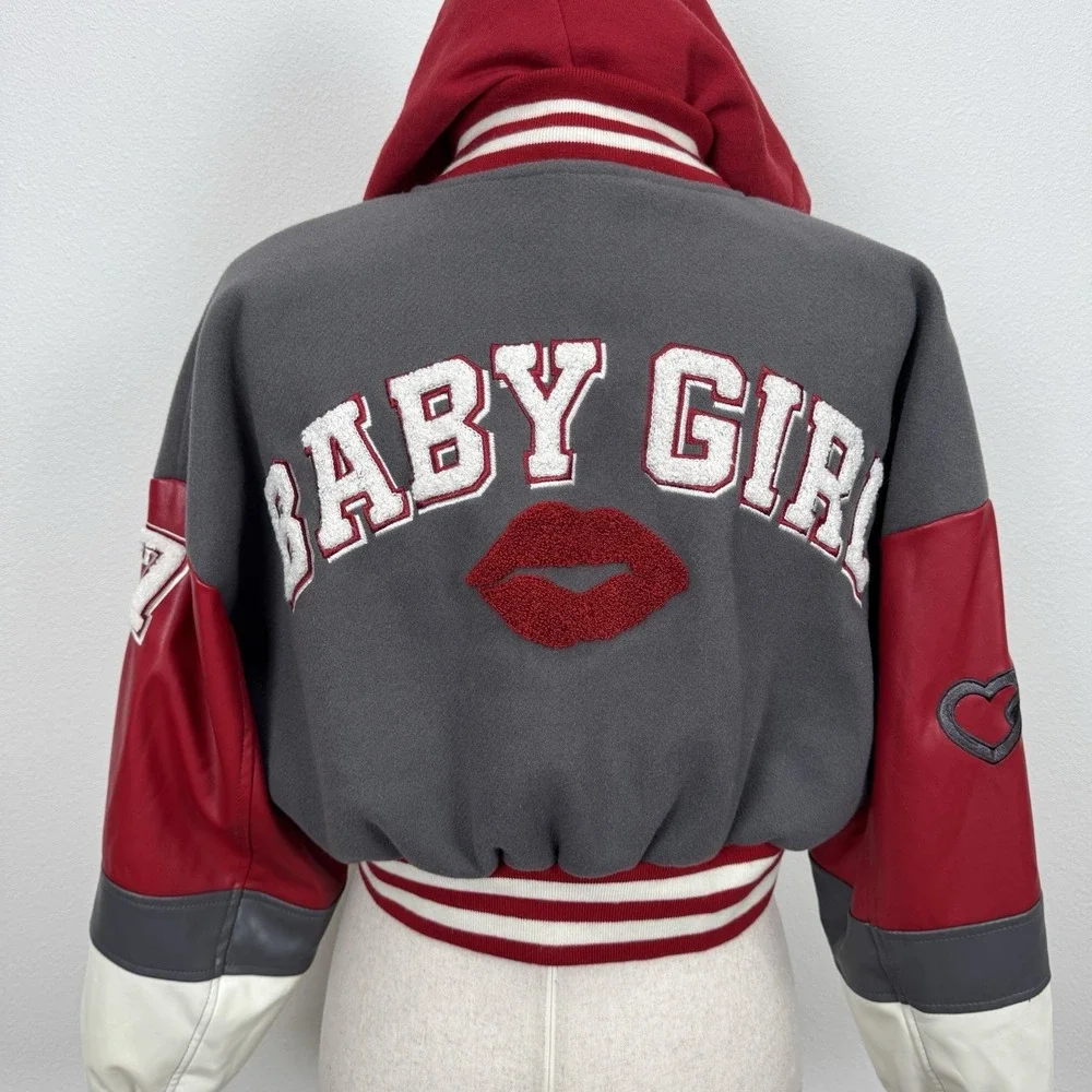 Forever 21 Varsity Jacket Womens Small Red Crop Baby Girl Y2K Bratz Streetwear - Picture 11 of 14